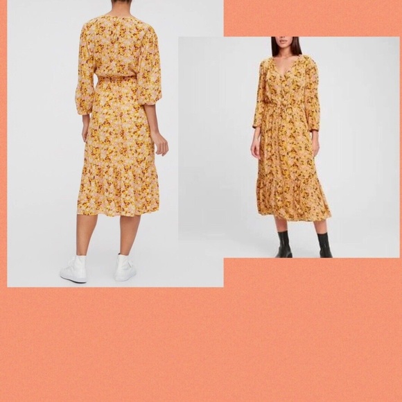 GAP "THREE QUARTER SLEEVE FLUTTER DRESS~ GOLD FLORAL PRINT~DRAWSTRING WAIST~MED. - Picture 2 of 6